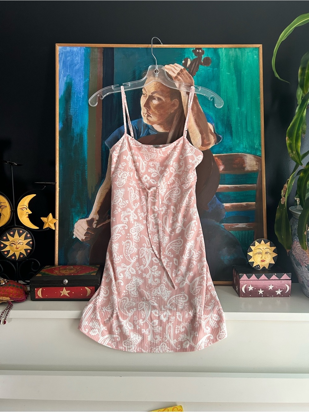 Harlow Pink Paisley Ribbed Mini Dress XS Y2K Coquette Spaghetti Strap